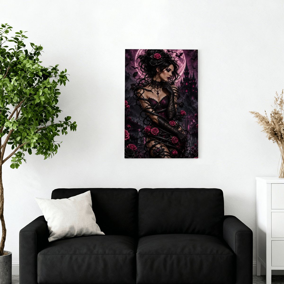 Framed Canvas Painting Halloween Gothic Woman with Vine and Purple Pink Roses (Made in USA)