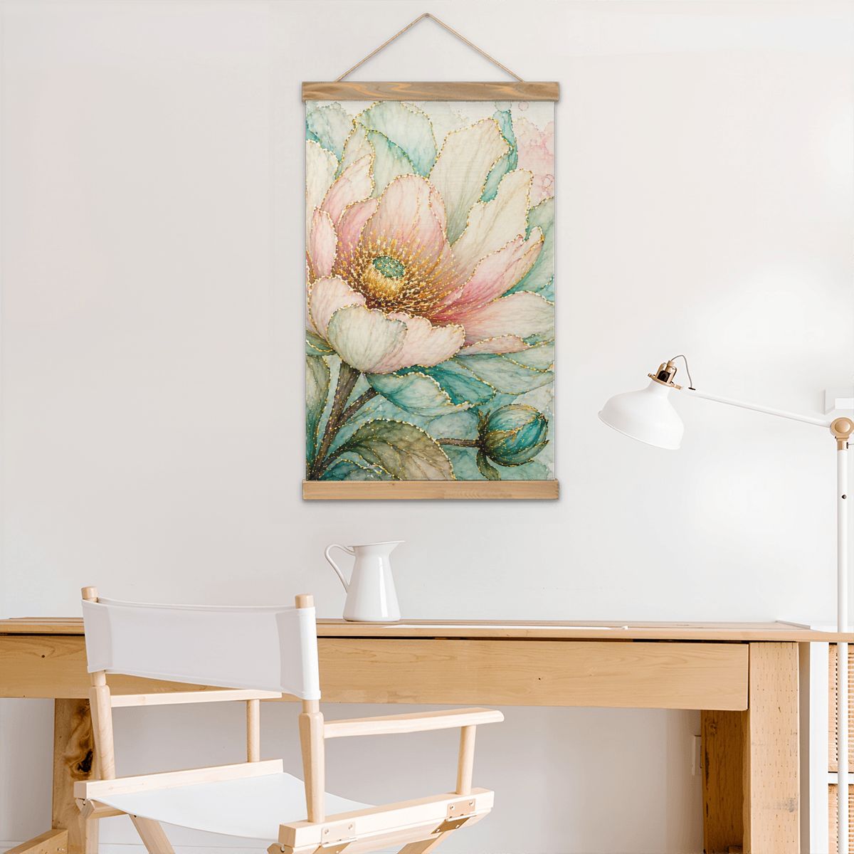 Linen Canvas Wall Art Teal and Peach Flower