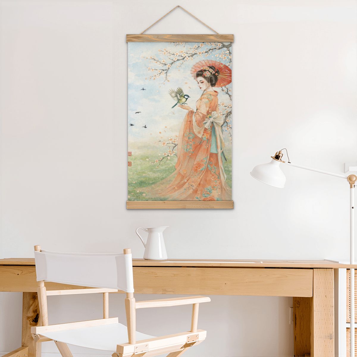 Linen Canvas Wall Art Geisha and Bird