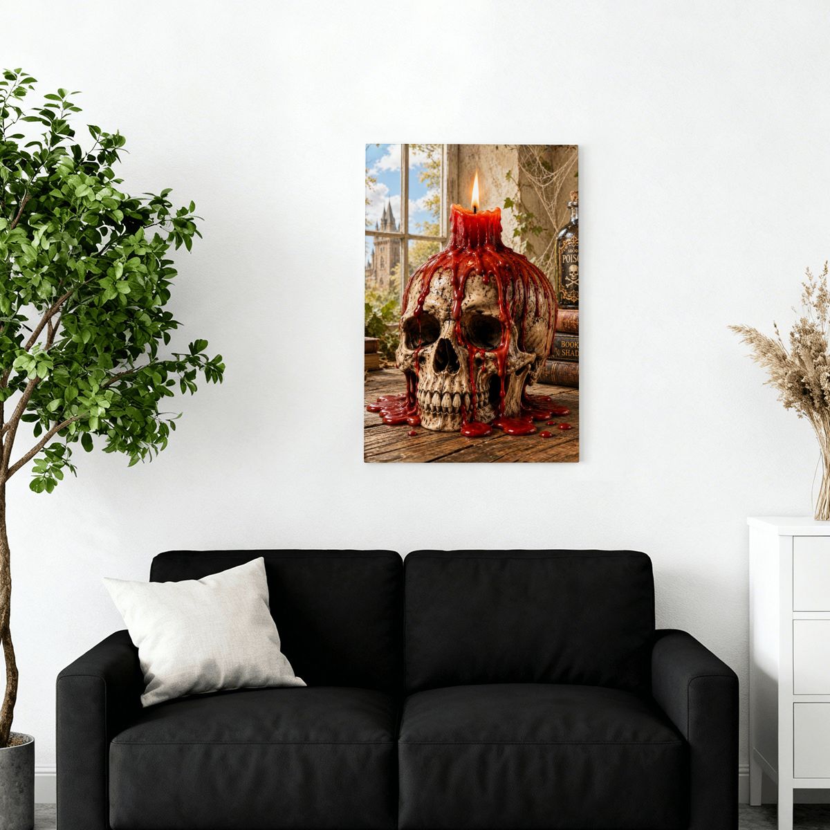 Framed Canvas Painting Halloween Skull with Candle (Made in USA)