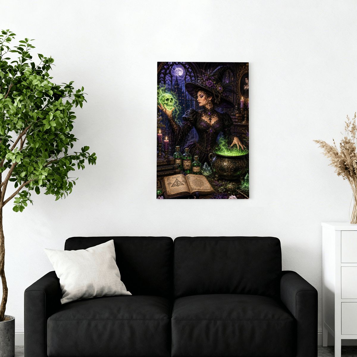 Framed Canvas Painting Halloween Witch and Skull Magic (Made in USA)