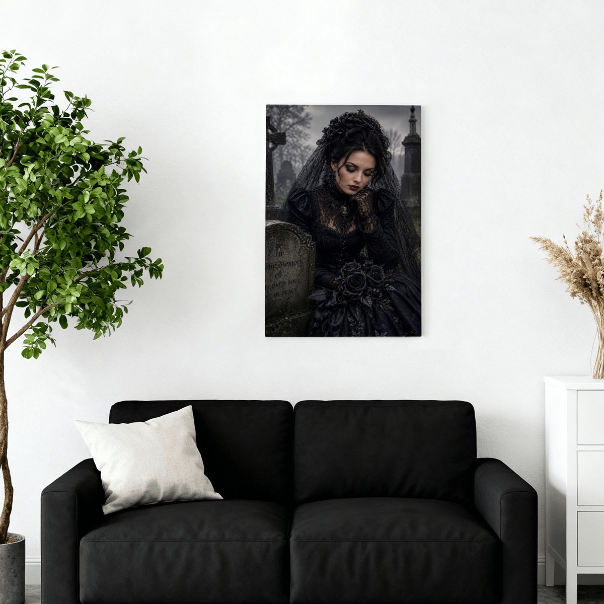 Framed Canvas Painting Gothic Victorian Halloween Woman at Grave Lost Love (Made in USA)