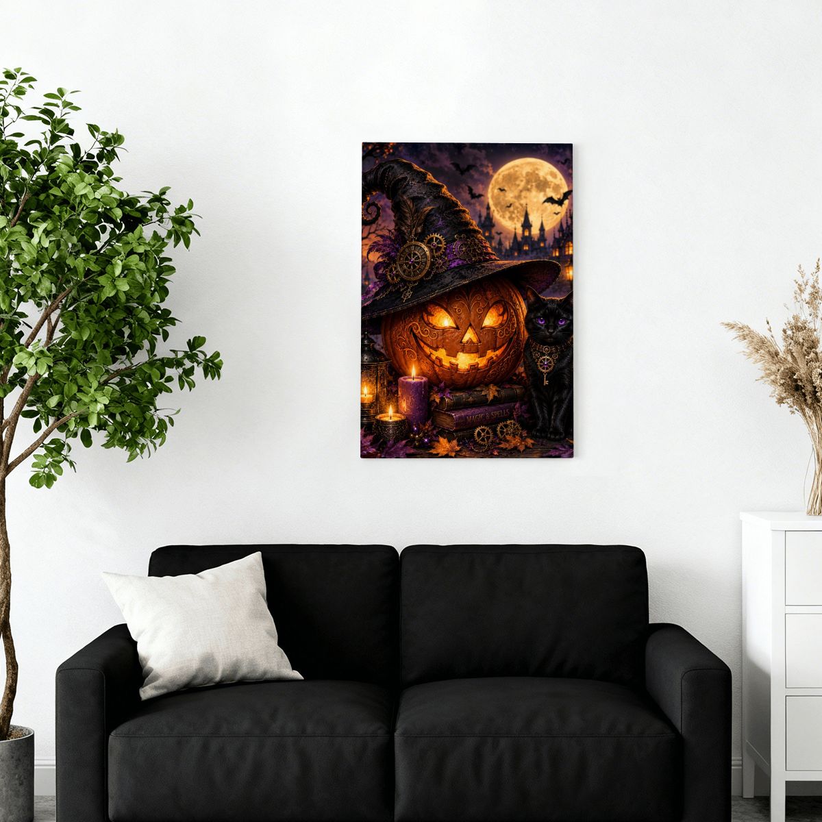 Framed Canvas Painting Halloween Night Pumpkin and Black Cat (Made in USA)