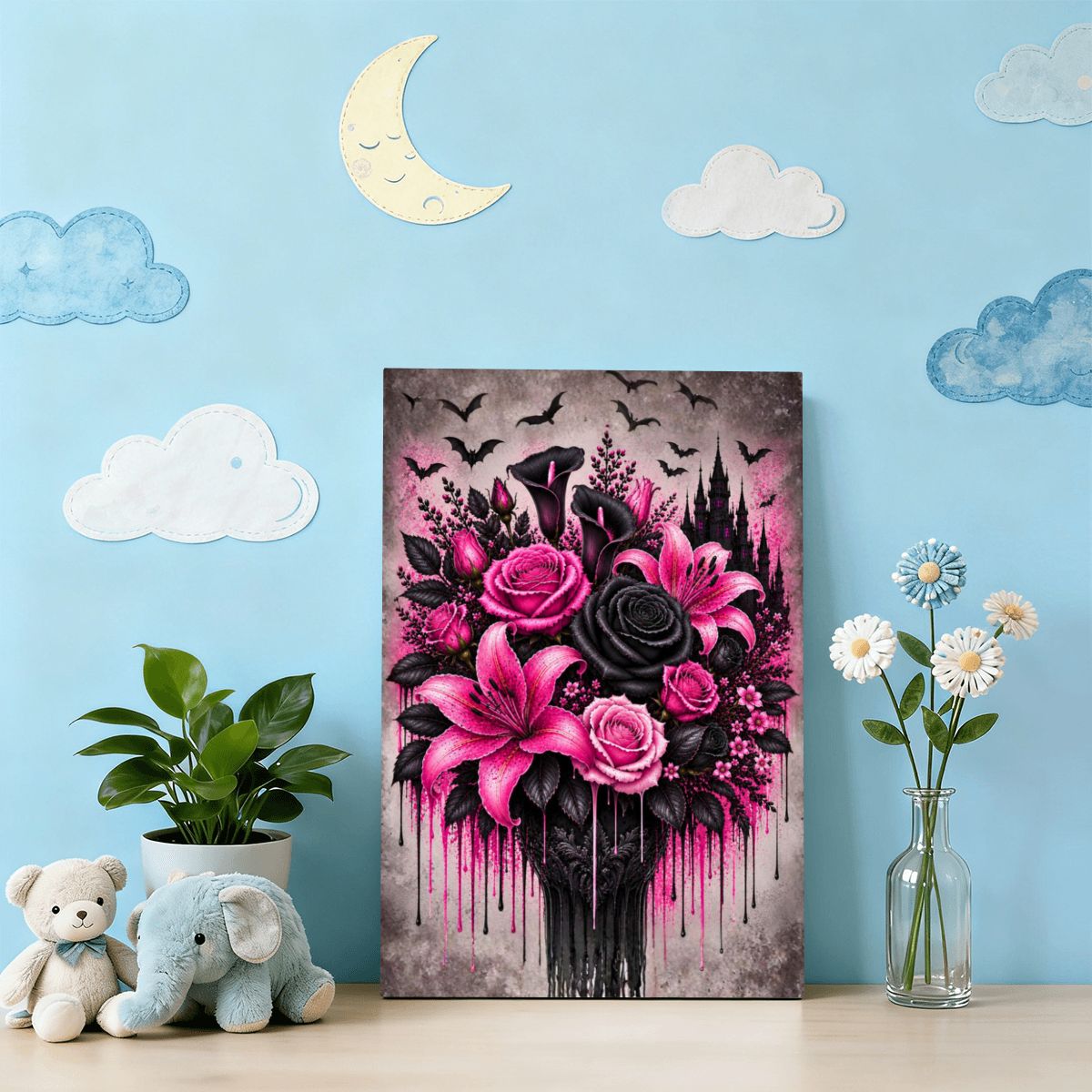 Framed Canvas Painting Pink Flower Bouquet (Made in USA)