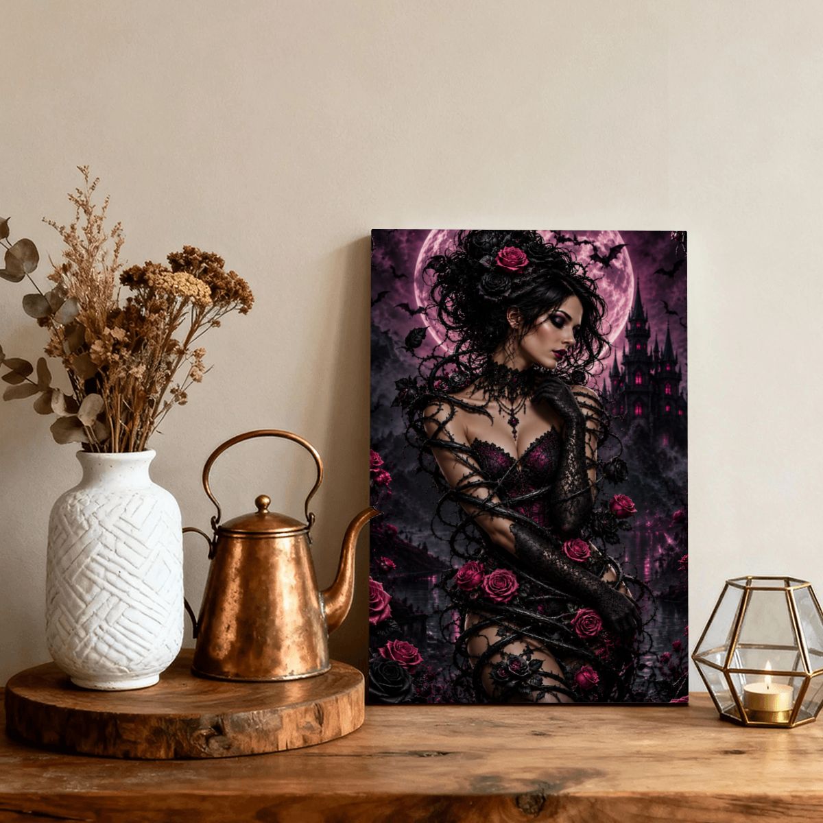 Framed Canvas Painting Halloween Gothic Woman with Vine and Purple Pink Roses (Made in USA)