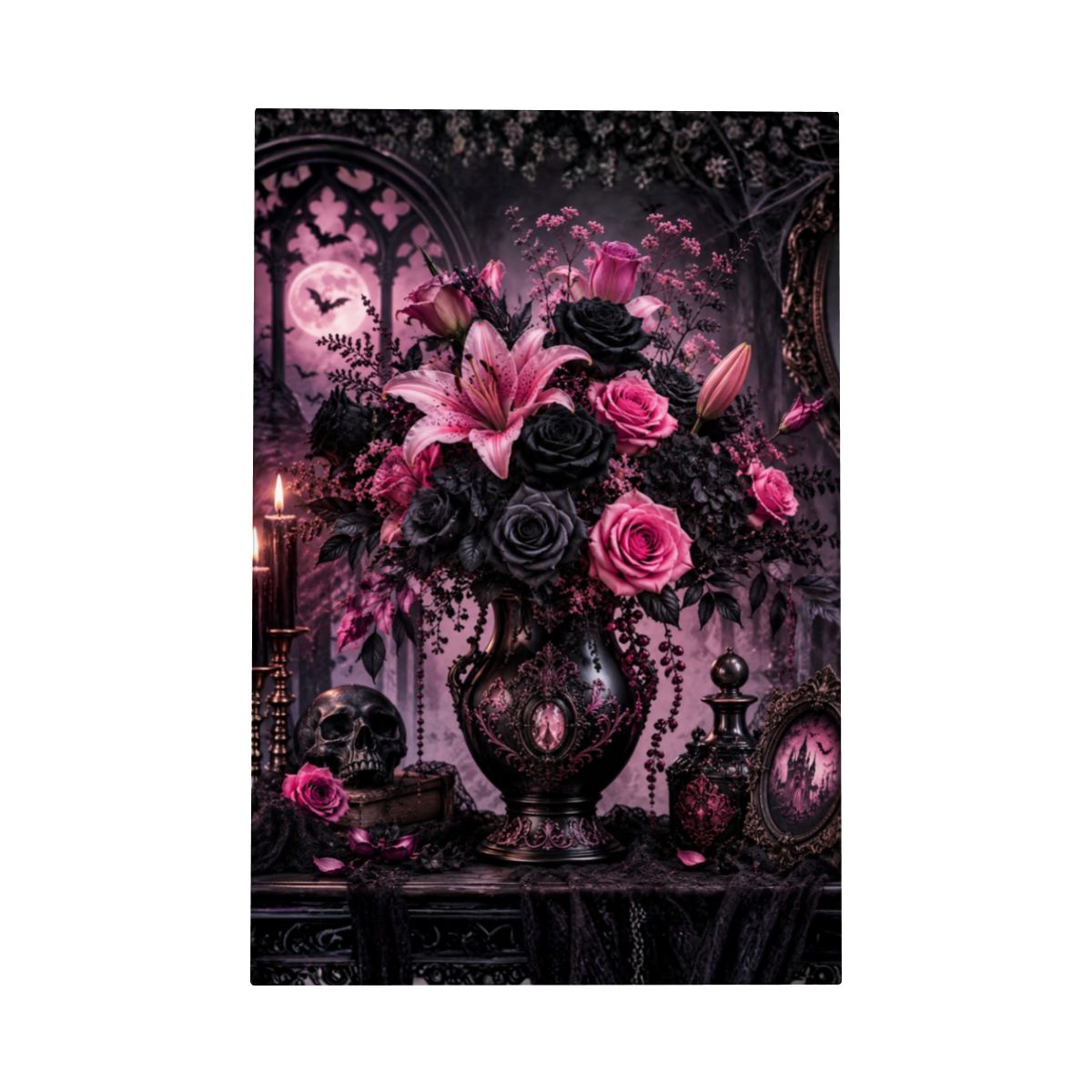 Framed Canvas Painting Halloween Pink Flower Bouquet Vase (Made in USA)