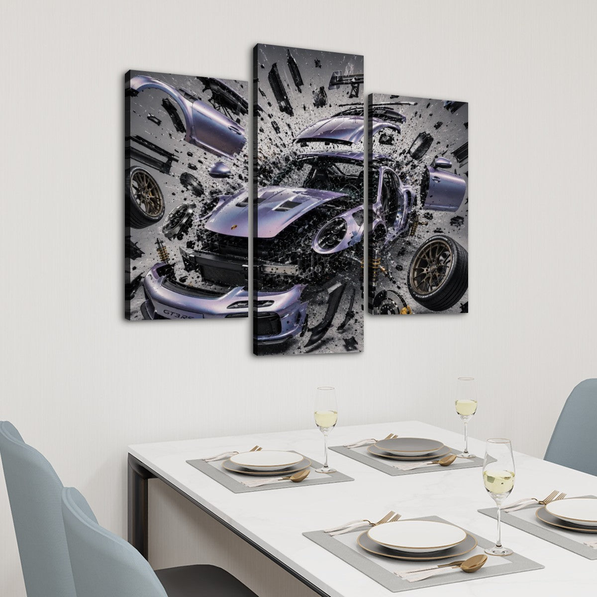 3 Panels Canvas Prints Wall Art Purple Shattered Porsche GT3 RS