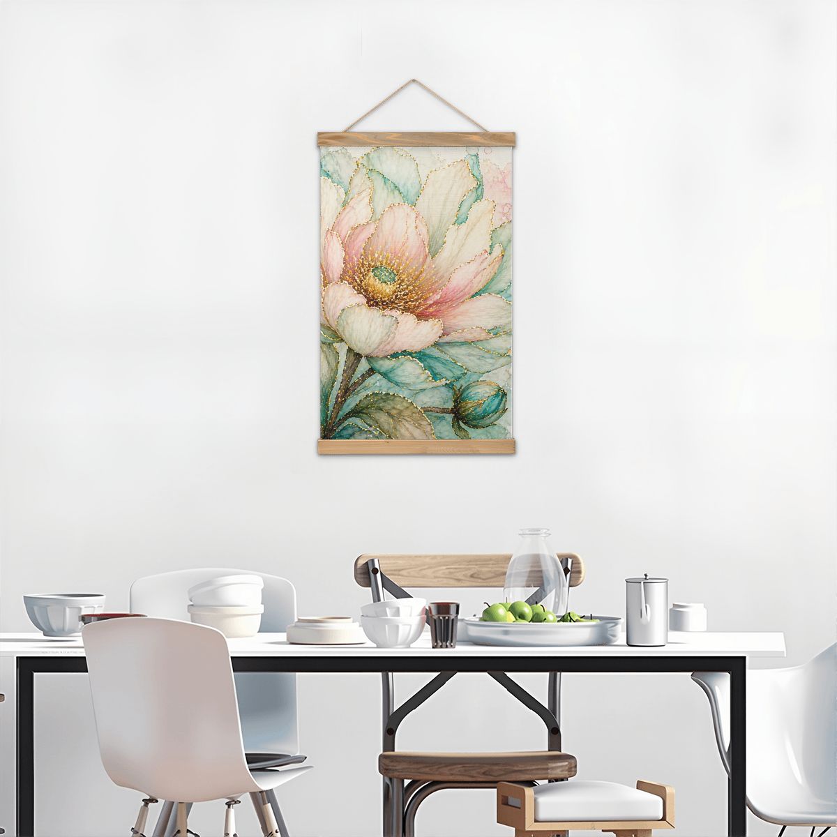 Linen Canvas Wall Art  Teal and Peach Flower