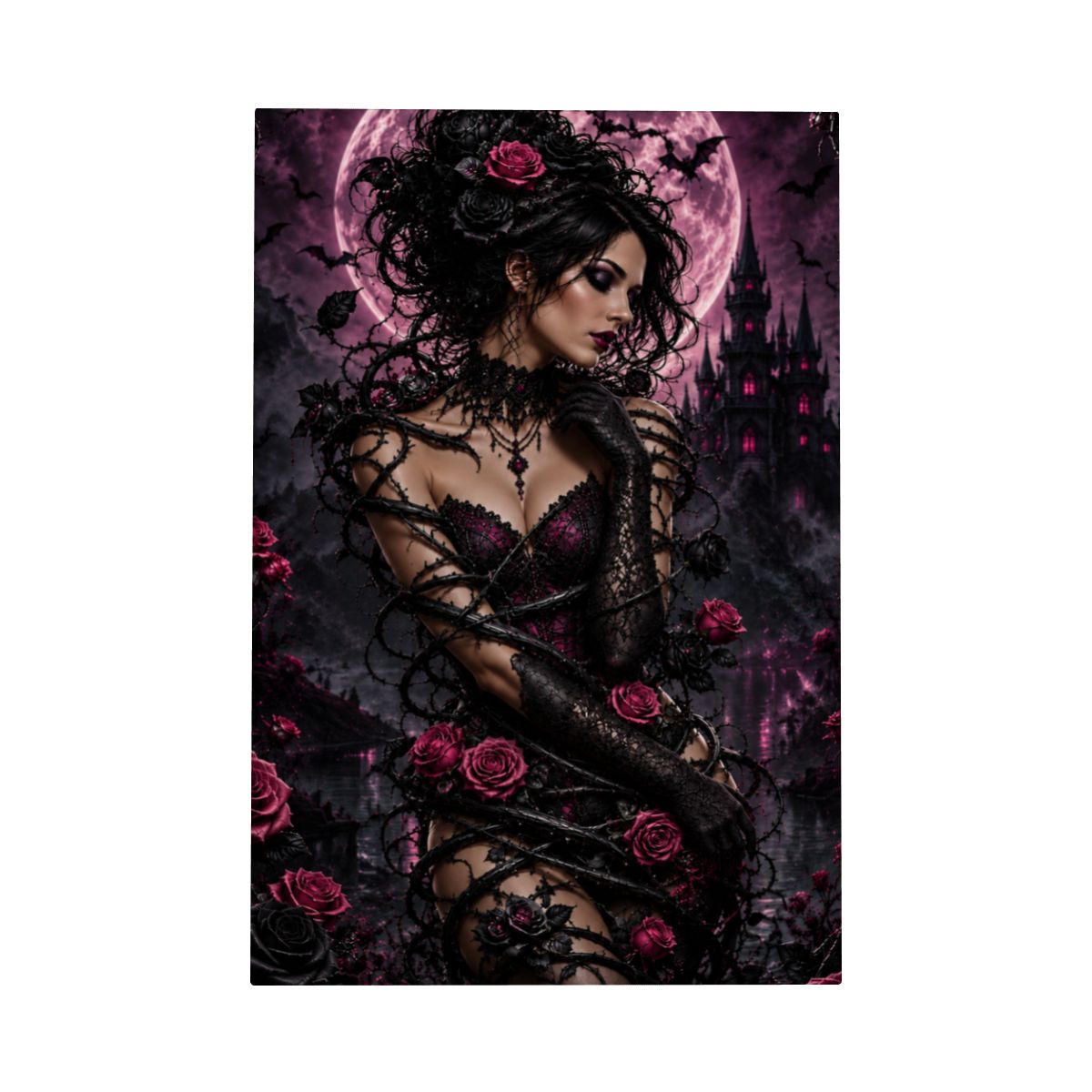 Framed Canvas Painting Halloween Gothic Woman with Vine and Purple Pink Roses (Made in USA)