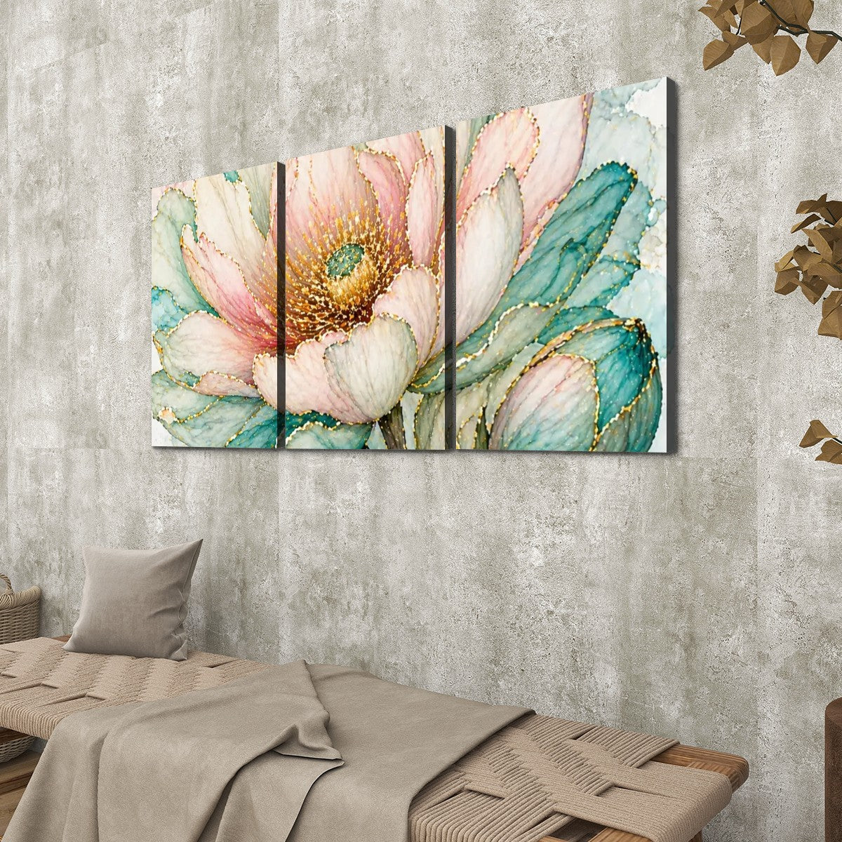 3 Panels Canvas Prints Wall Art Green Peach Flower