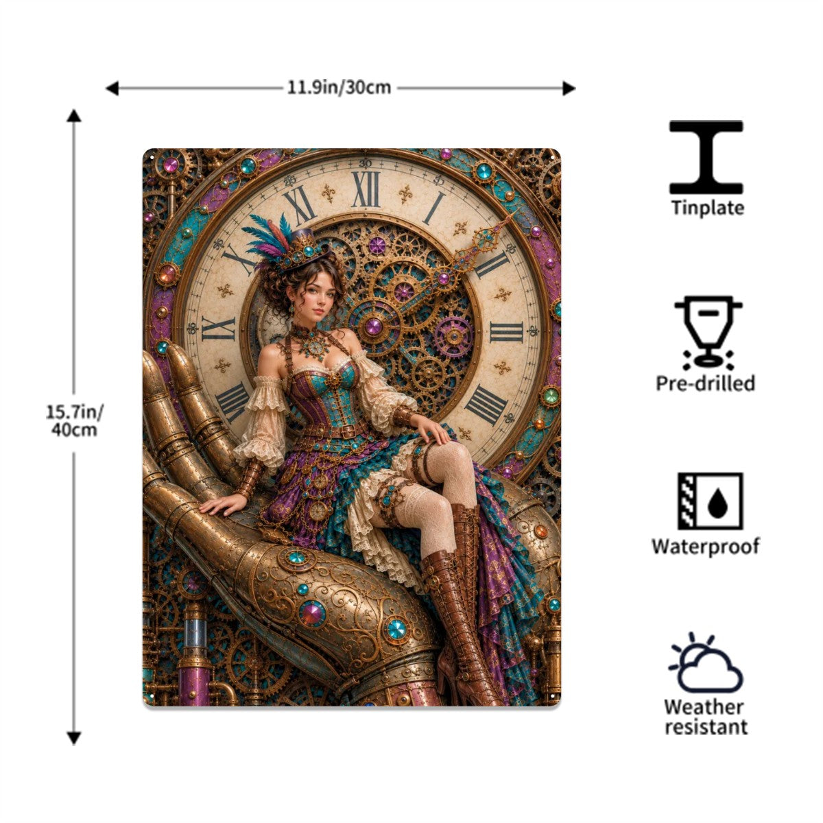 Tin Sign Metal Sign Steampunk Woman Hand and Clock