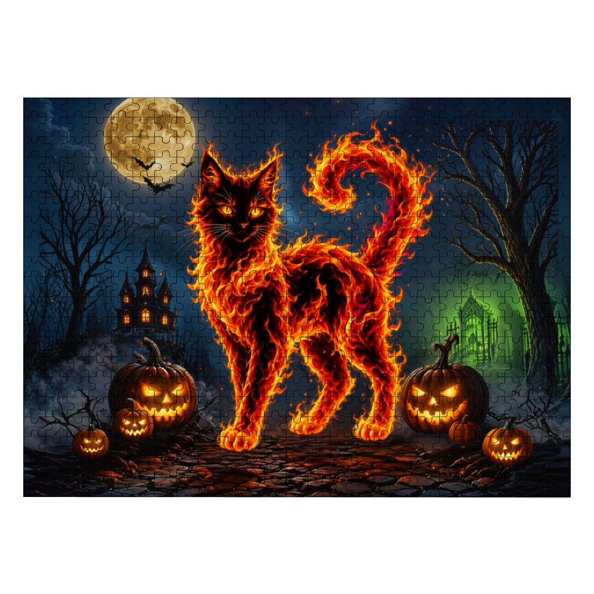 500pcs Wooden Jigsaw Puzzles (Made in USA) Halloween Cat Flames