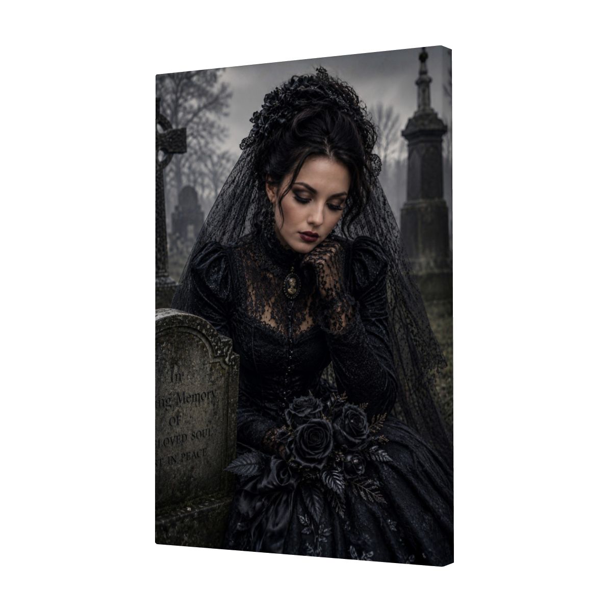 Framed Canvas Painting Gothic Victorian Halloween Woman at Grave Lost Love (Made in USA)