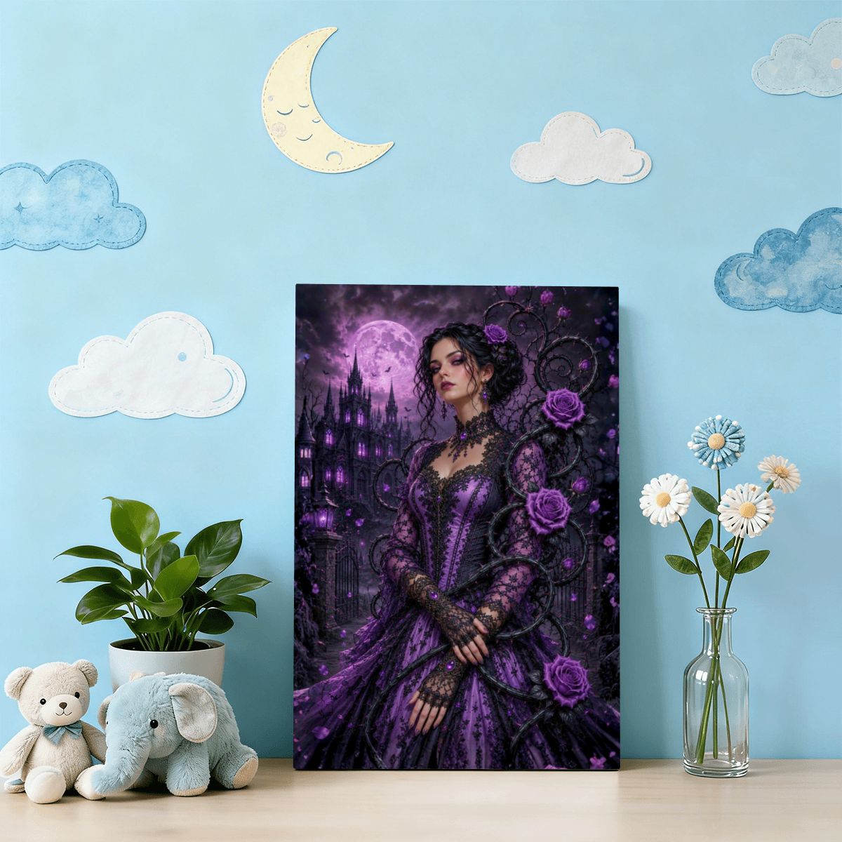 Framed Canvas Painting Gothic Purple Roses (Made in USA)