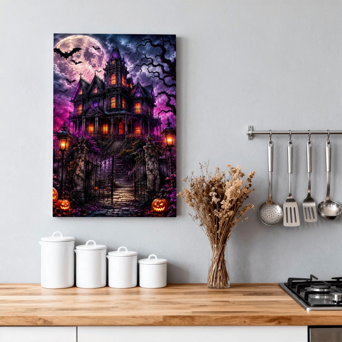 Framed Canvas Painting Halloween Haunted House (Made in USA)