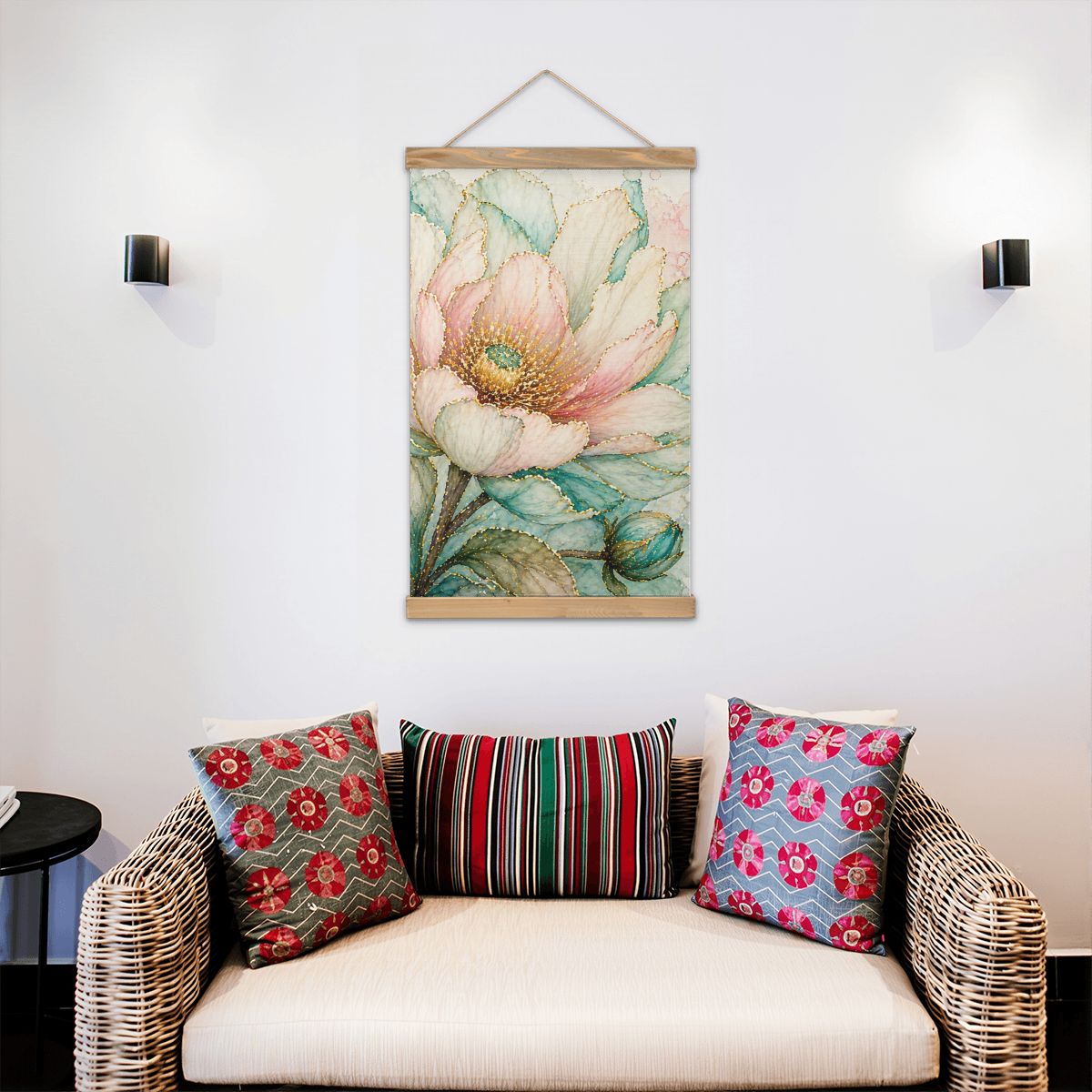 Linen Canvas Wall Art  Teal and Peach Flower