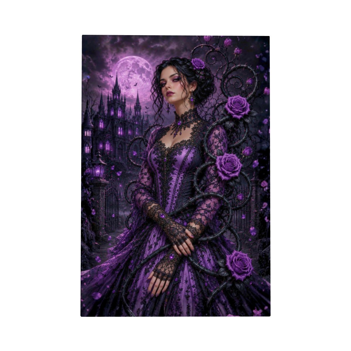 Framed Canvas Painting Gothic Purple Roses (Made in USA)