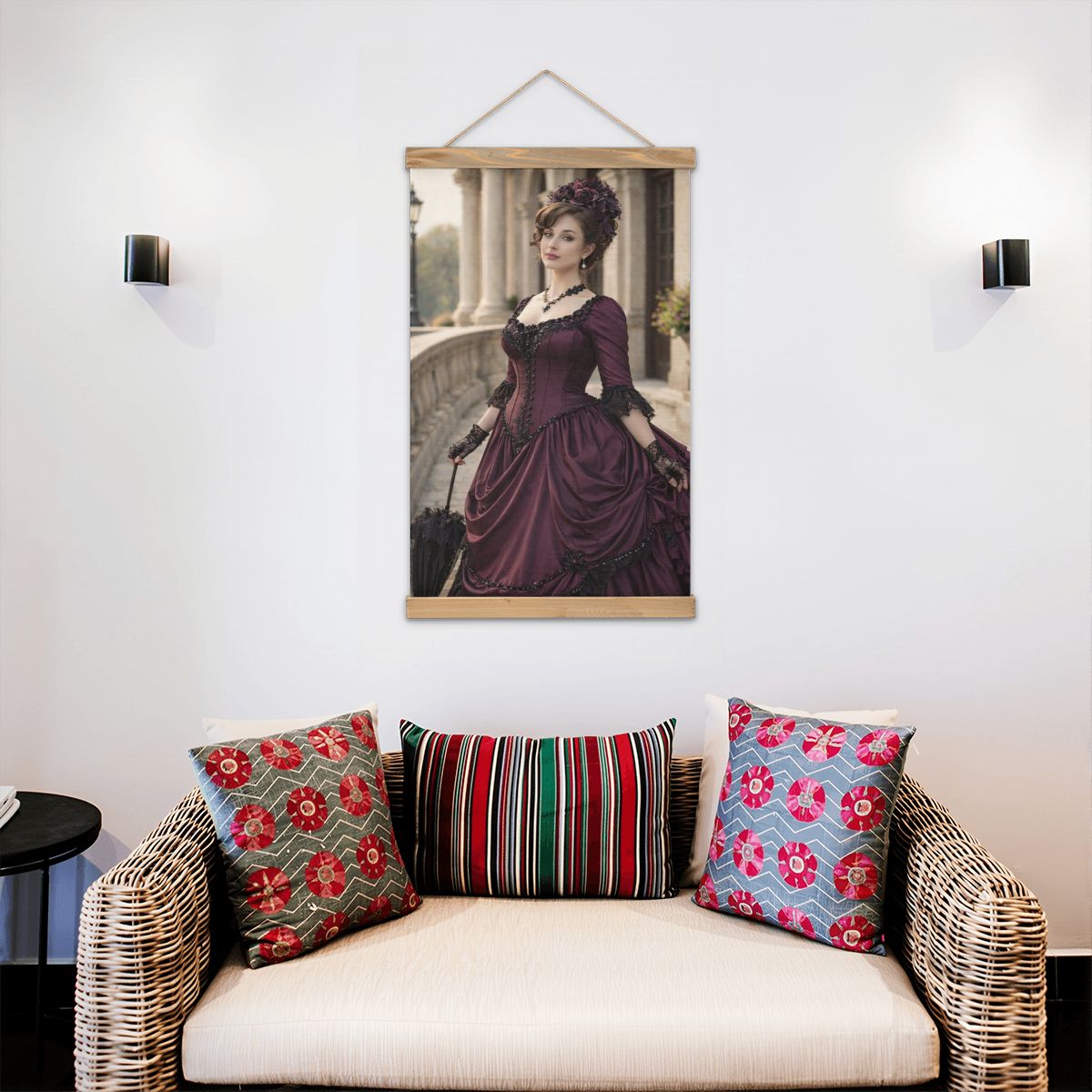 Linen Canvas Wall Art Victorian Woman Maroon Dress