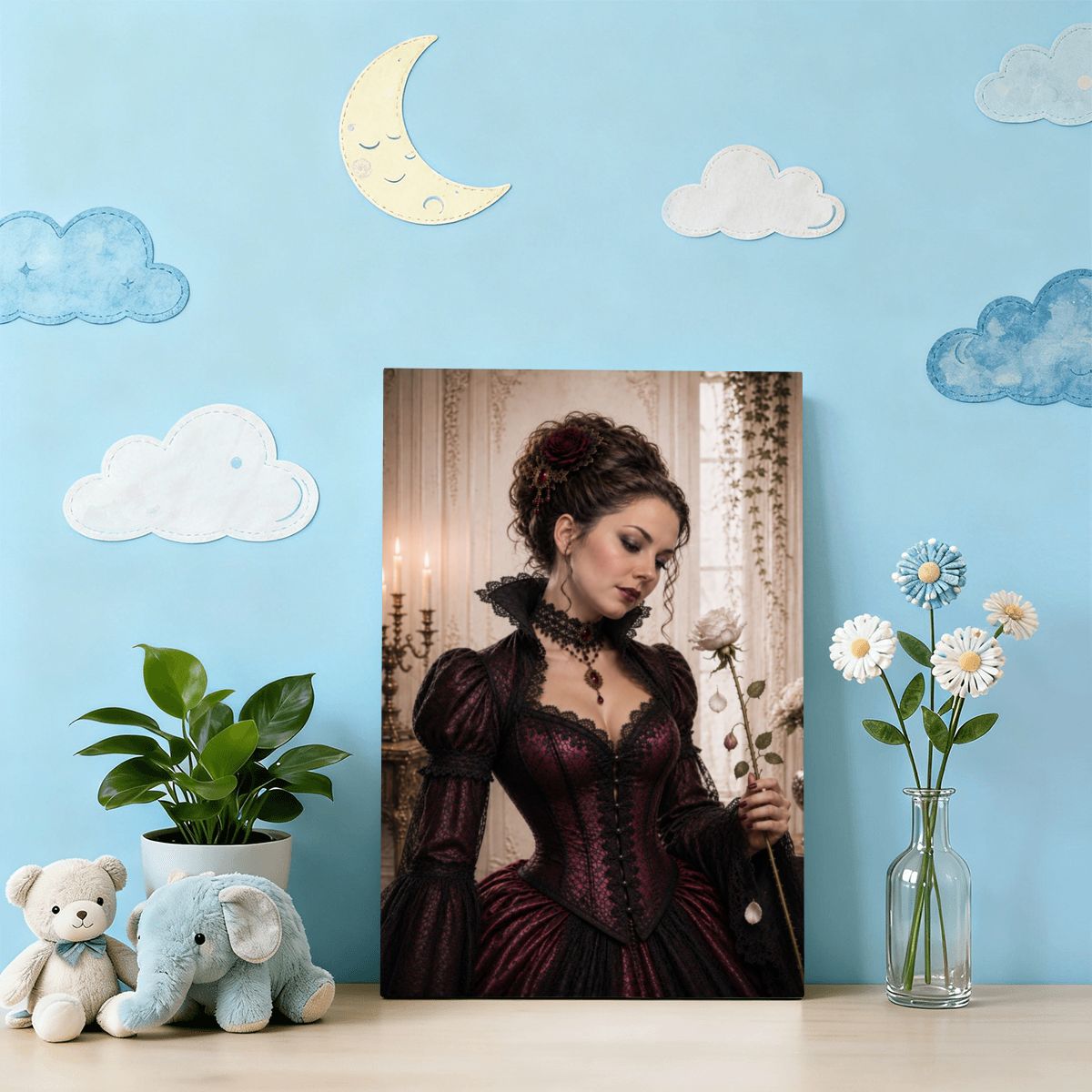 Framed Canvas Painting Gothic Victorian Woman with Rose Halloween (Made in USA)