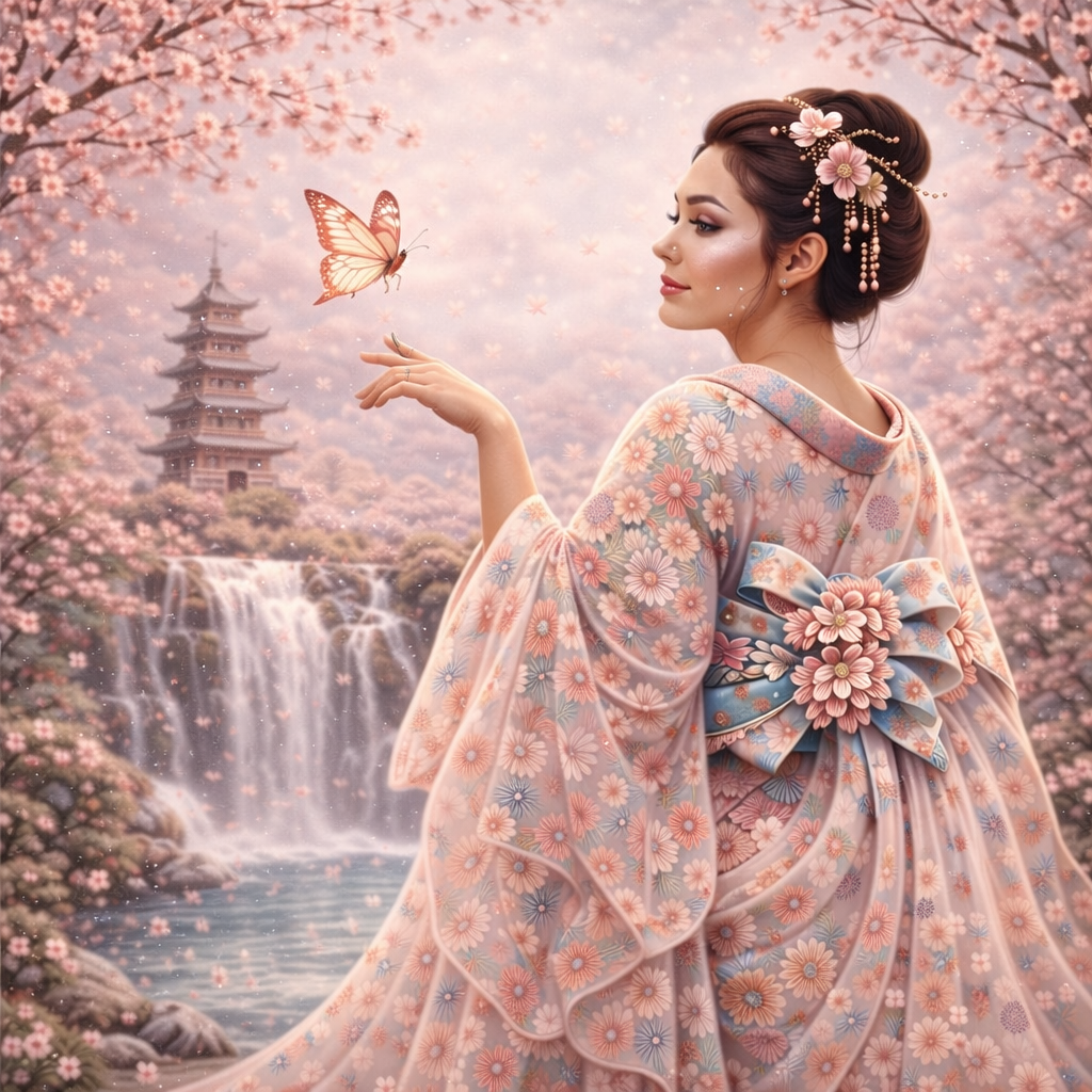 Diamond Art Kit 16x16 Diamond Painting Kit Japanese Geisha Pink Cherry Blossoms