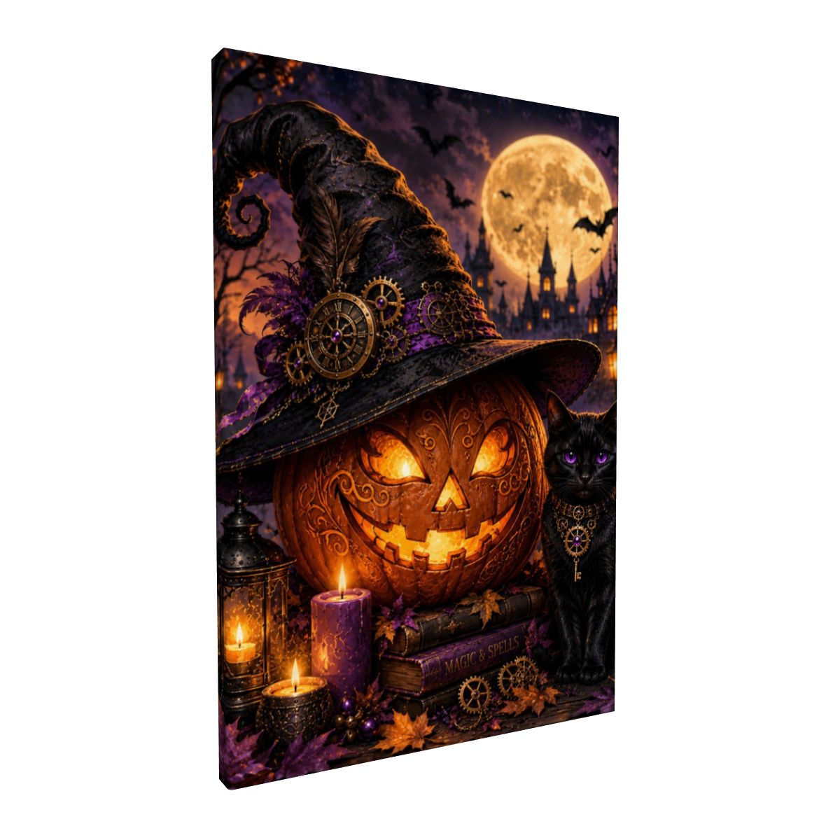 Framed Canvas Painting Halloween Night Pumpkin and Black Cat (Made in USA)
