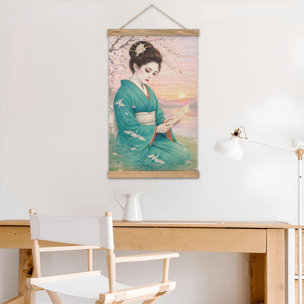 Linen Canvas Wall Art Geisha Reading