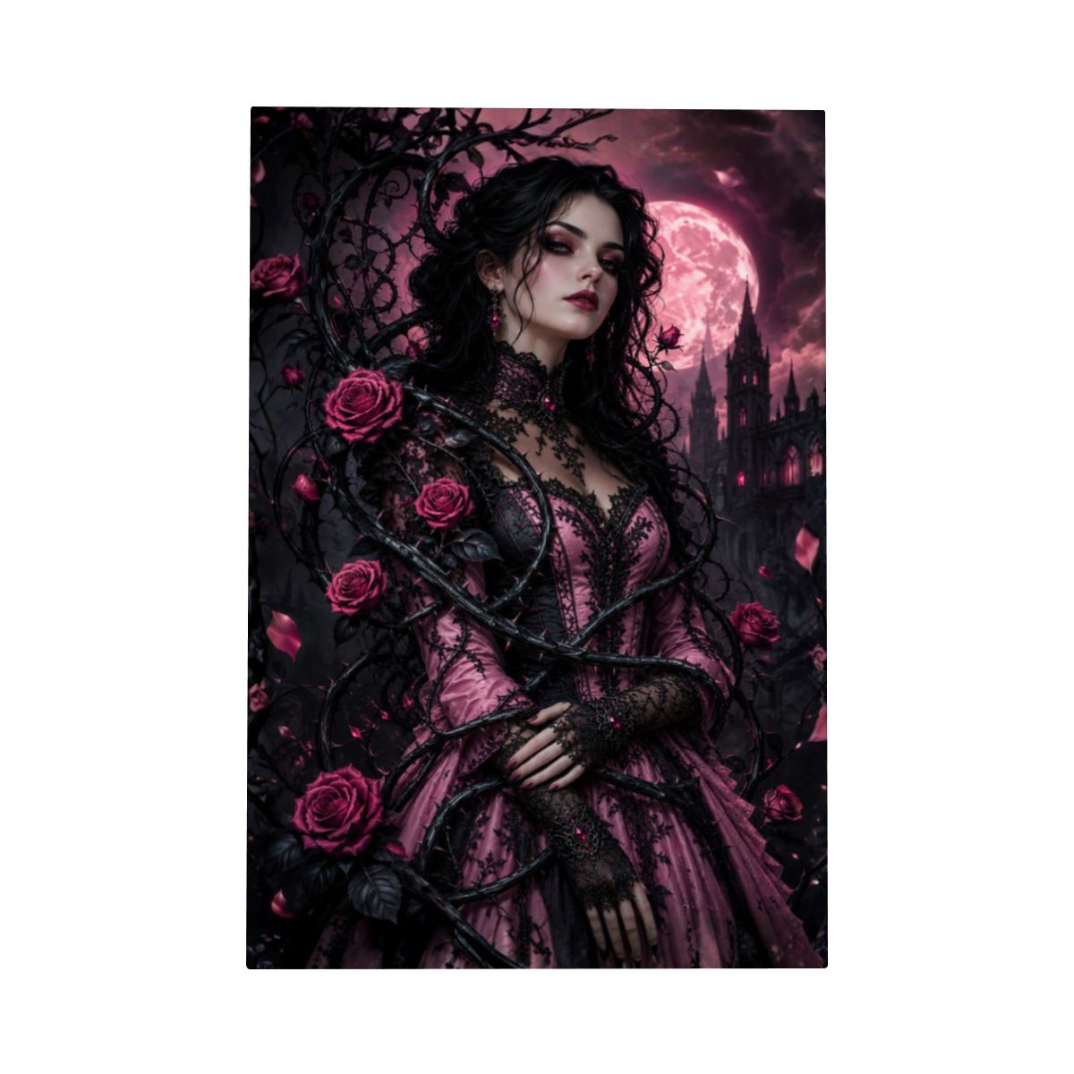 Framed Canvas Painting Halloween Gothic Woman with Vine and Pink Roses (Made in USA)