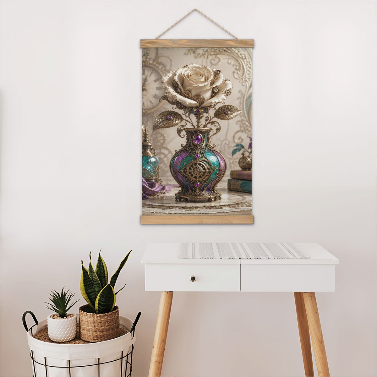 Linen Canvas Wall Art Steampunk Vase with Rose