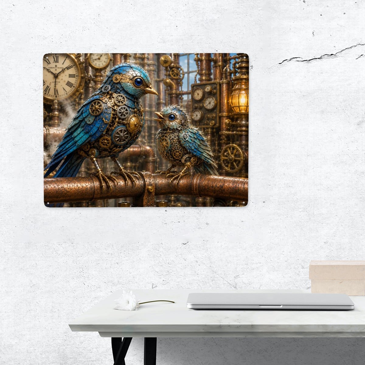 Tin Sign Rectangular Metal Decor Steampunk Bluebirds
