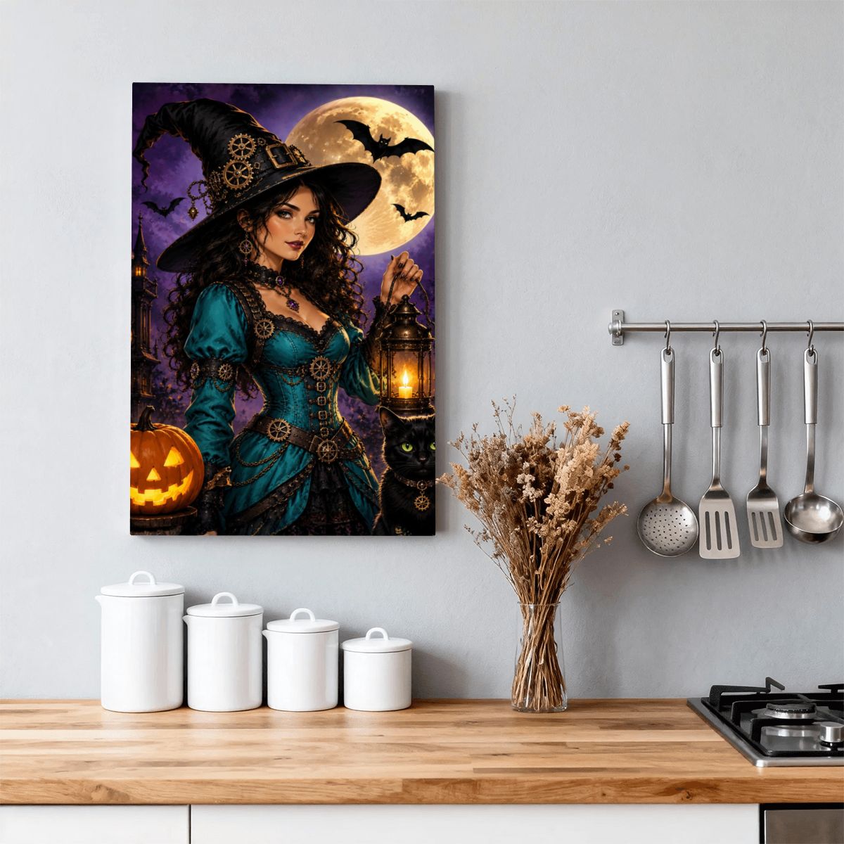Framed Canvas Painting Halloween Witch (Made in USA)