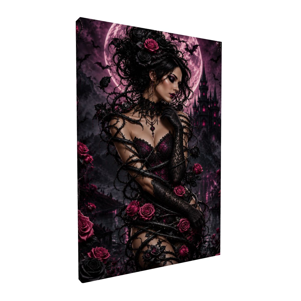 Framed Canvas Painting Halloween Gothic Woman with Vine and Purple Pink Roses (Made in USA)
