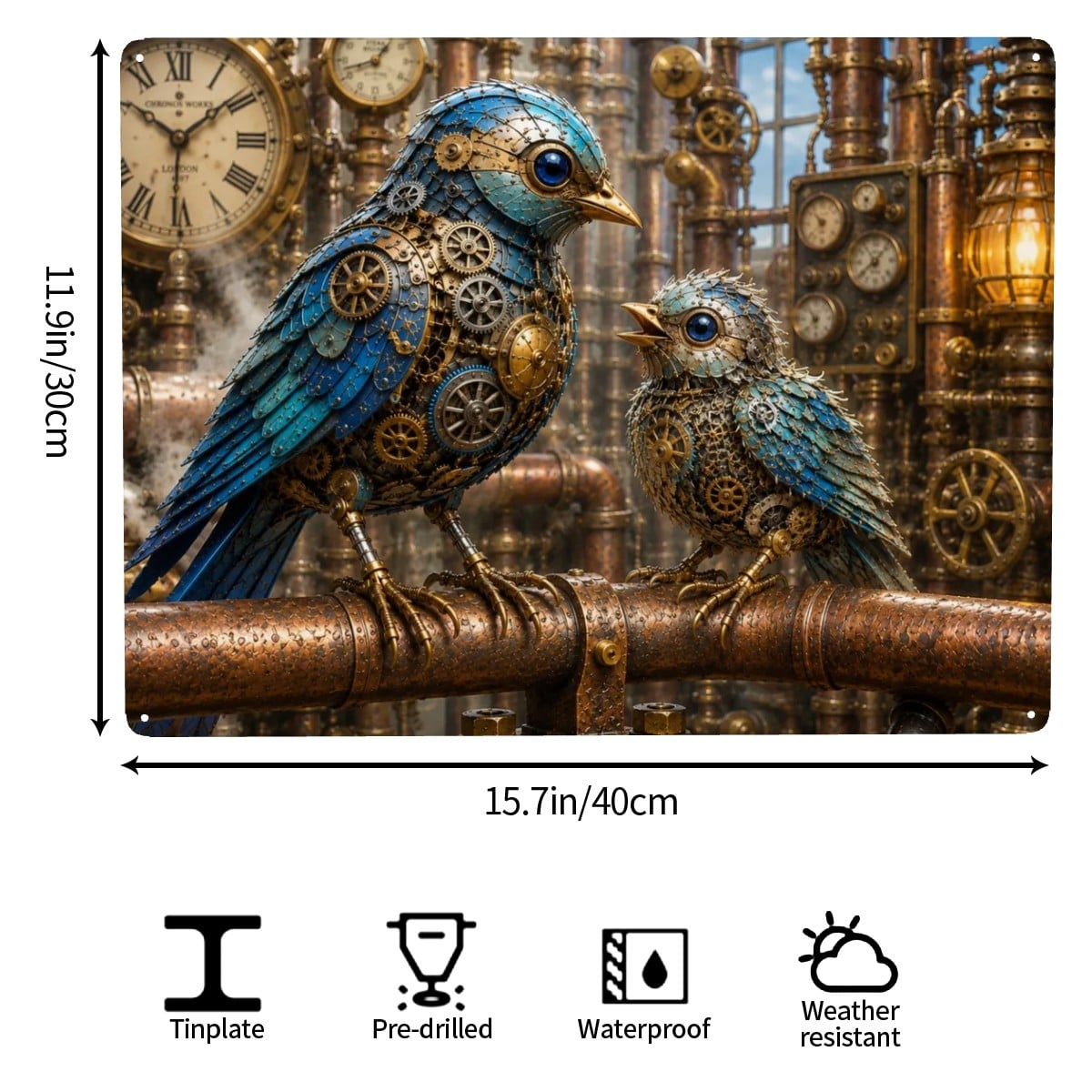 Tin Sign Rectangular Metal Decor Steampunk Bluebirds
