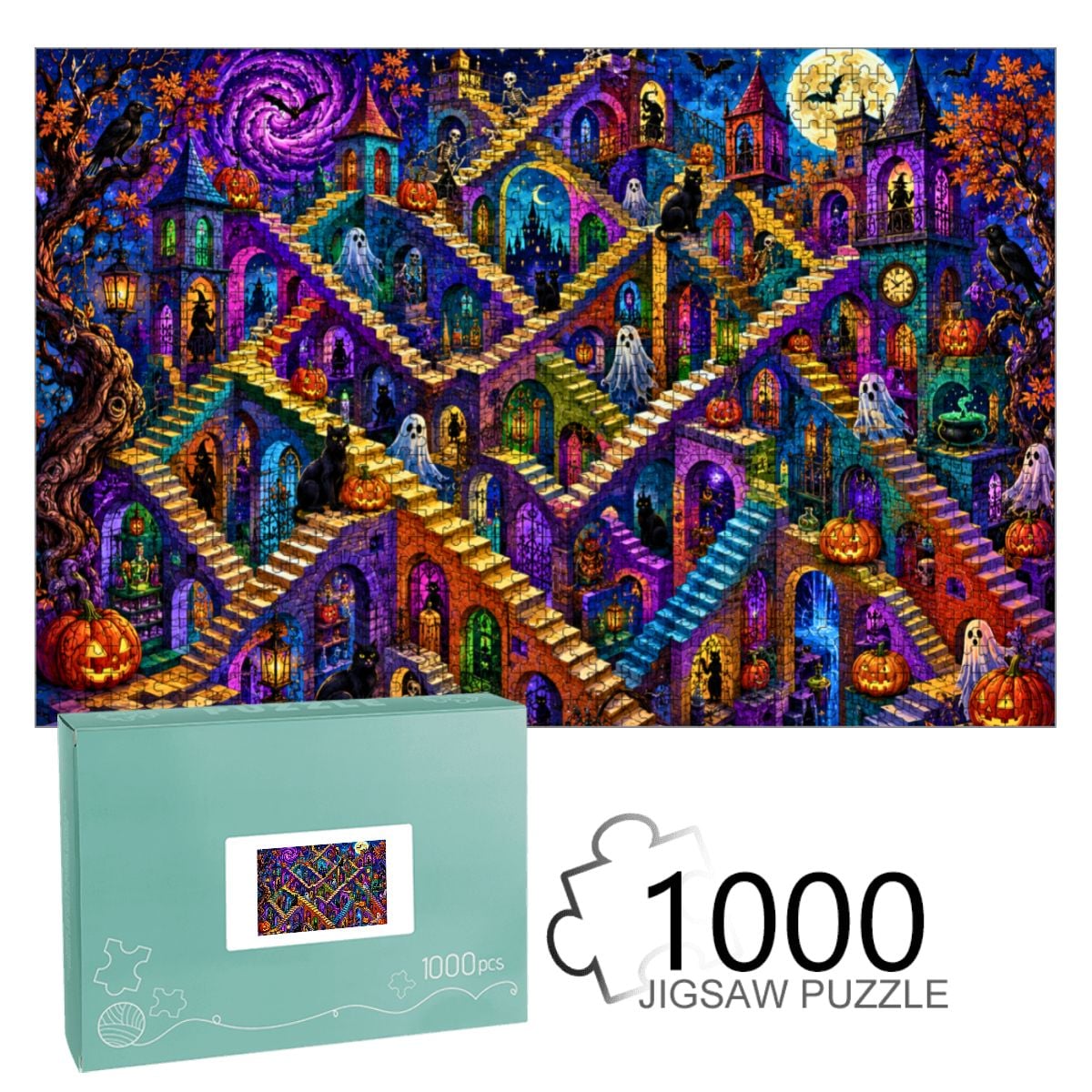1000pcs Wooden Jigsaw Puzzles (Made in USA) Halloween Abstract Staircase