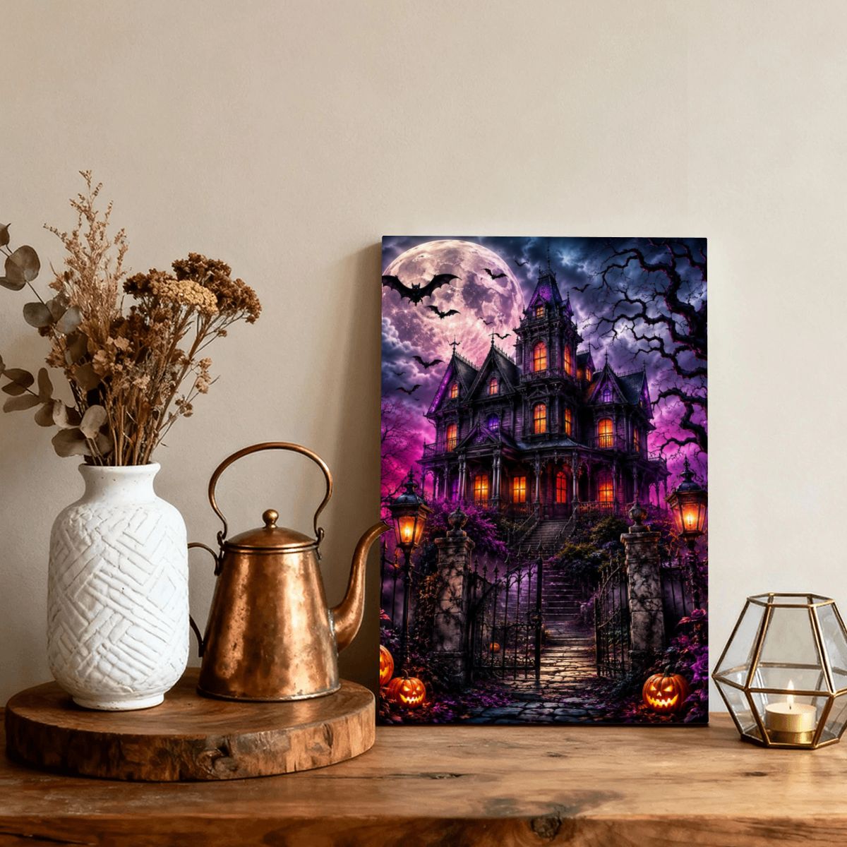 Framed Canvas Painting Halloween Haunted House (Made in USA)