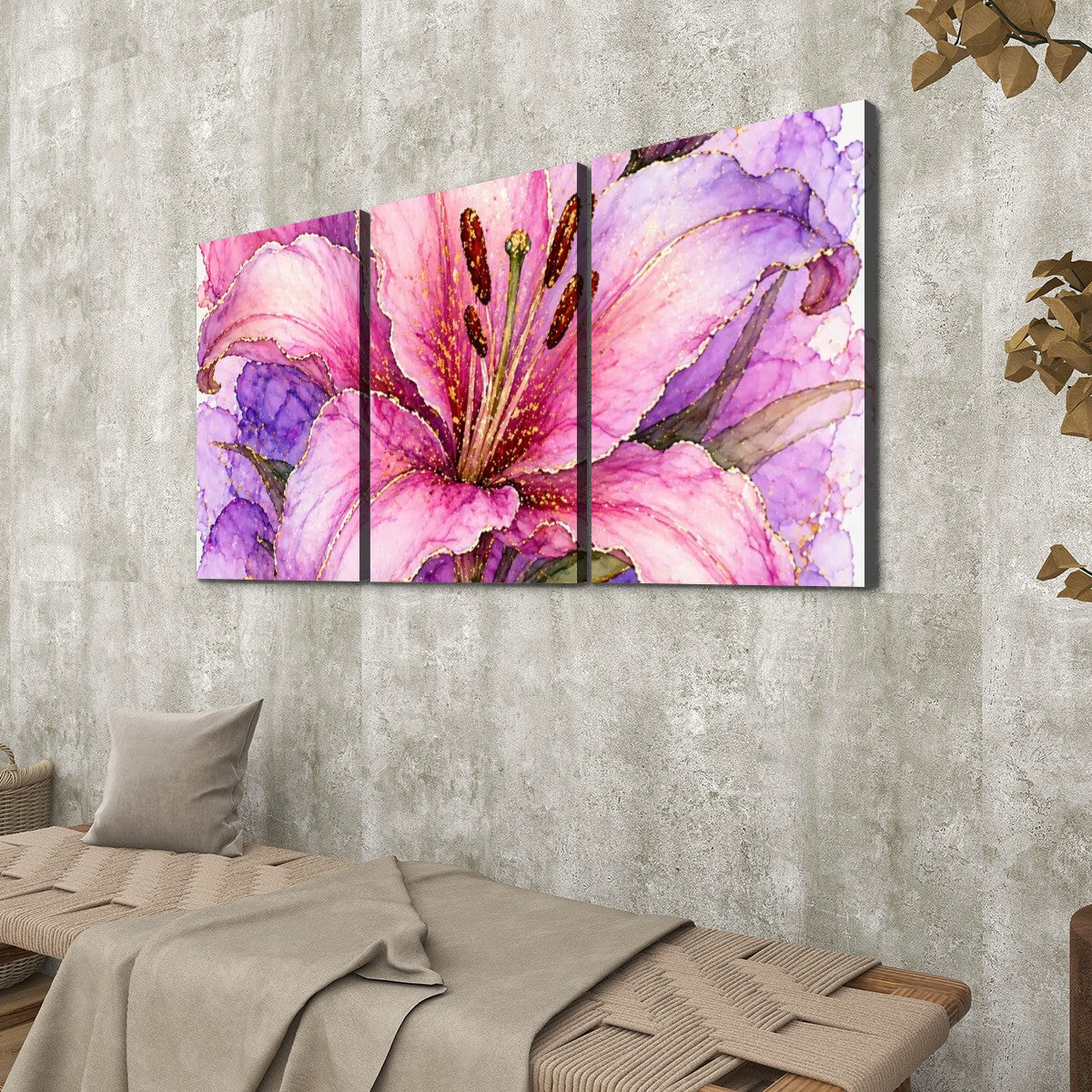 3 Panels Canvas Prints Wall Art Pink Purple Flower