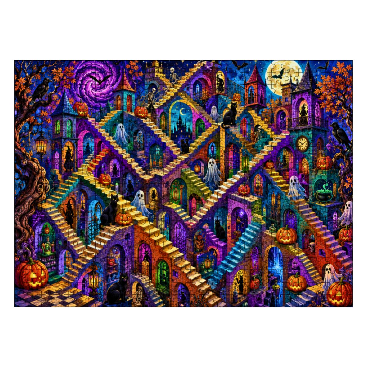 1000pcs Wooden Jigsaw Puzzles (Made in USA) Halloween Abstract Staircase
