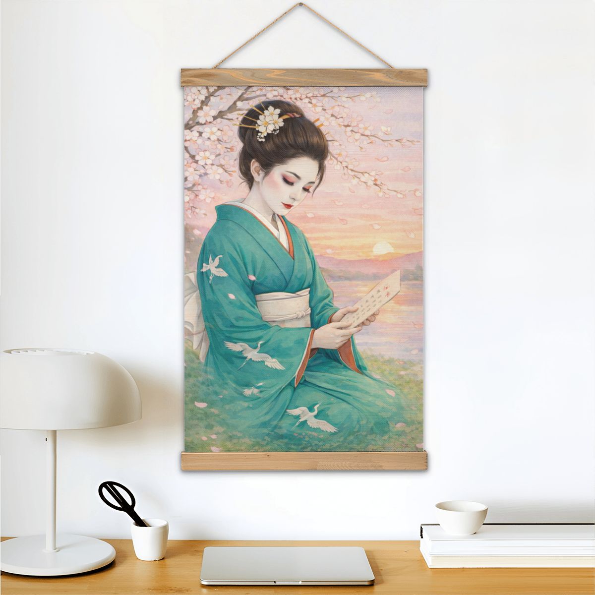 Linen Canvas Wall Art Geisha Reading
