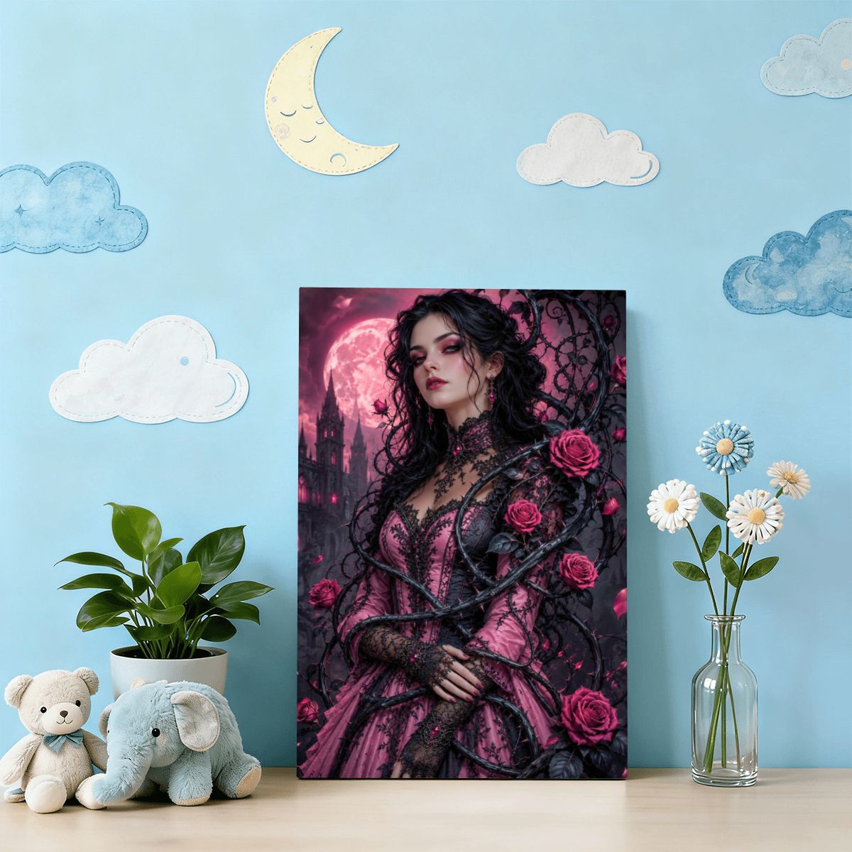 Framed Canvas Painting Gothic Pink Roses (Made in USA)