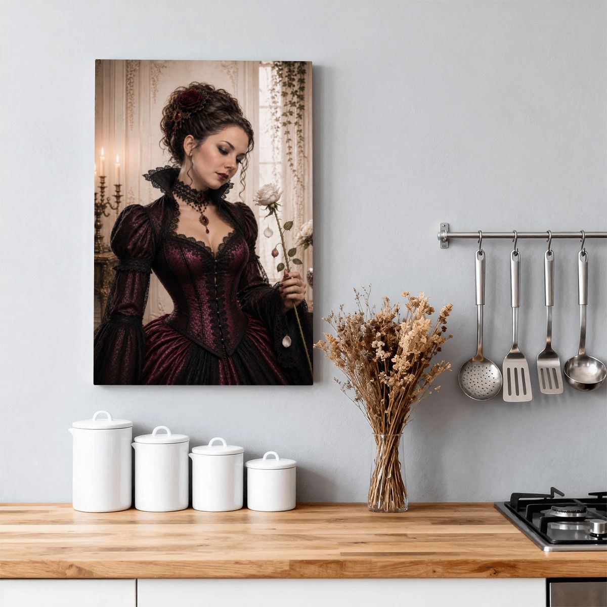 Framed Canvas Painting Gothic Victorian Woman with Rose Halloween (Made in USA)