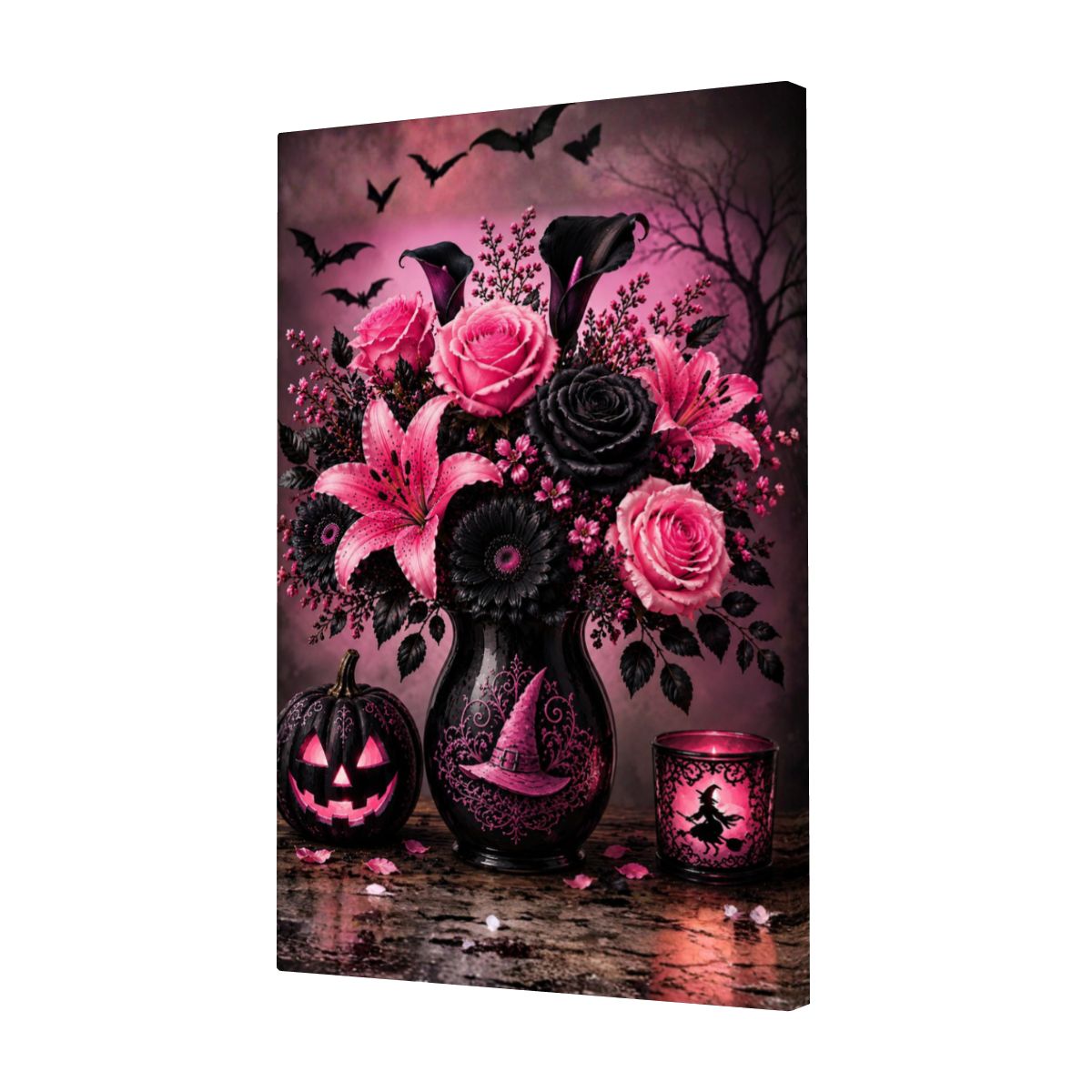 Framed Canvas Painting Halloween Pink and Black Flower Vase (Made in USA)