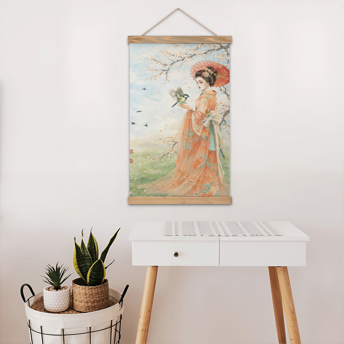 Linen Canvas Wall Art Geisha and Bird