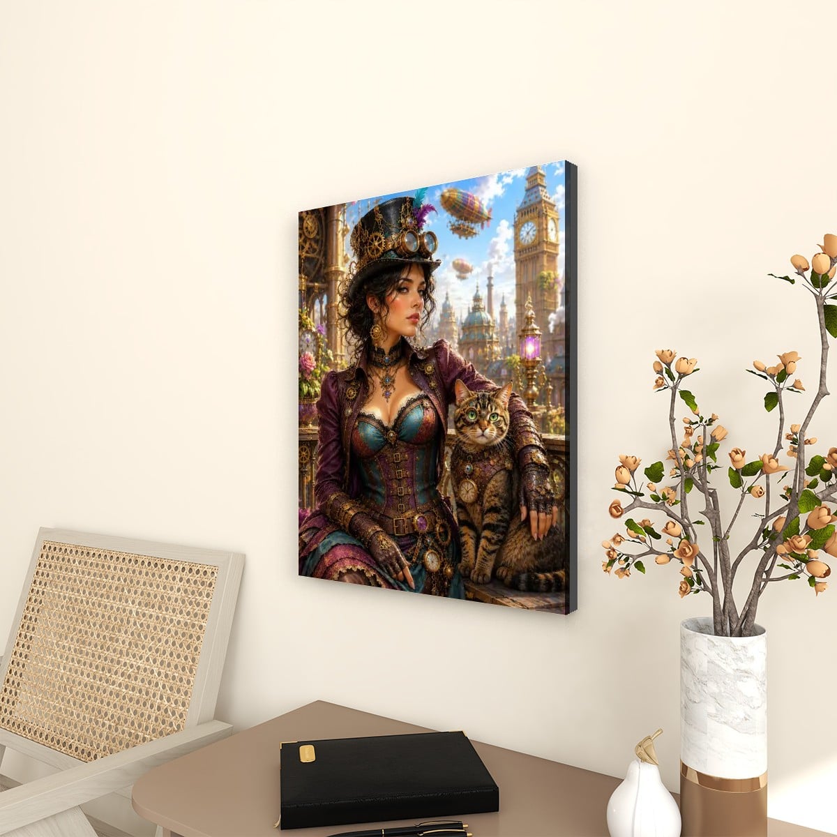 Canvas Prints Wall Art Steampunk Woman with Cat