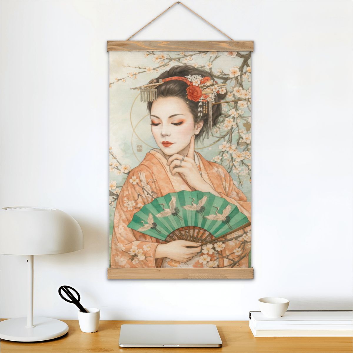 Linen Canvas Wall Art Geisha with Fan