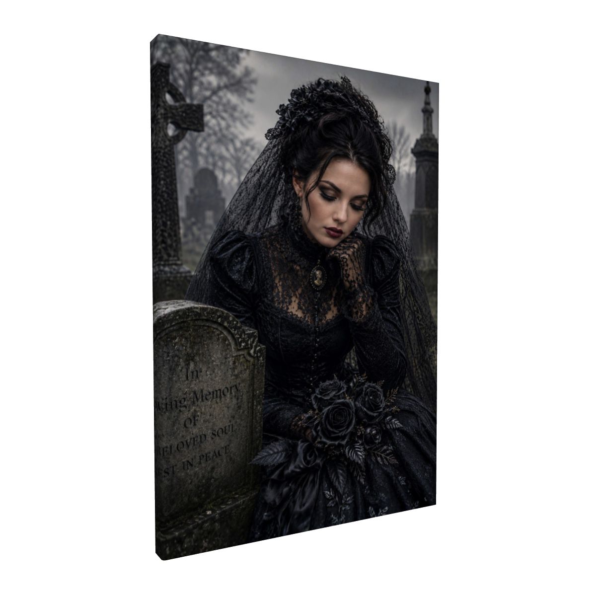 Framed Canvas Painting Gothic Victorian Halloween Woman at Grave Lost Love (Made in USA)