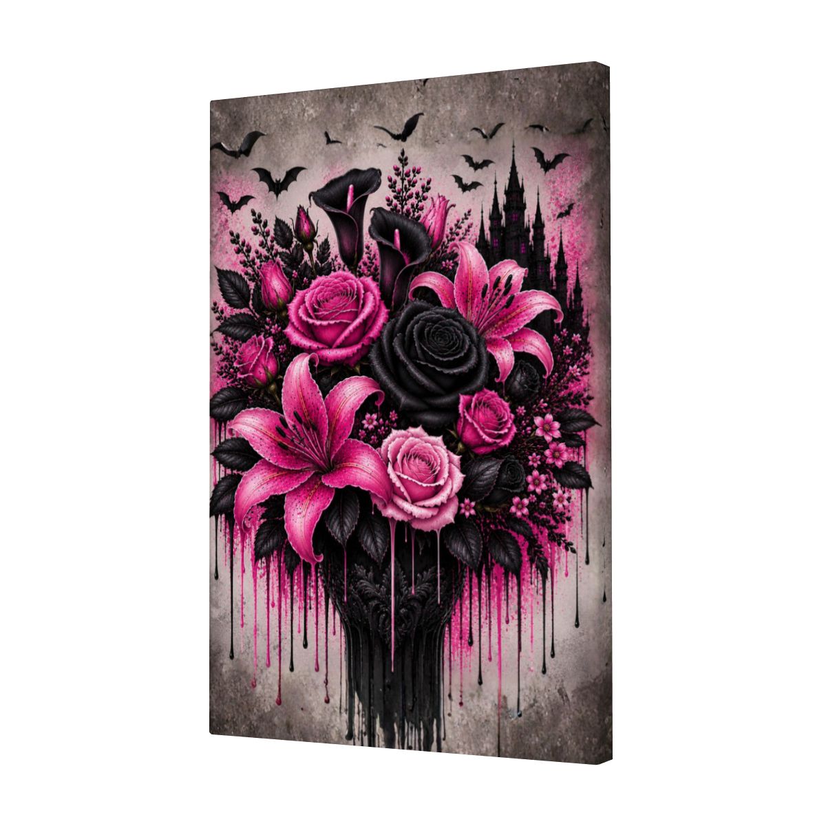 Framed Canvas Painting Pink and Black Halloween Flower Bouquet (Made in USA)