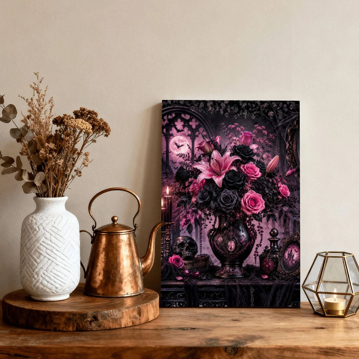 Framed Canvas Painting Halloween Pink Flower Bouquet Vase (Made in USA)