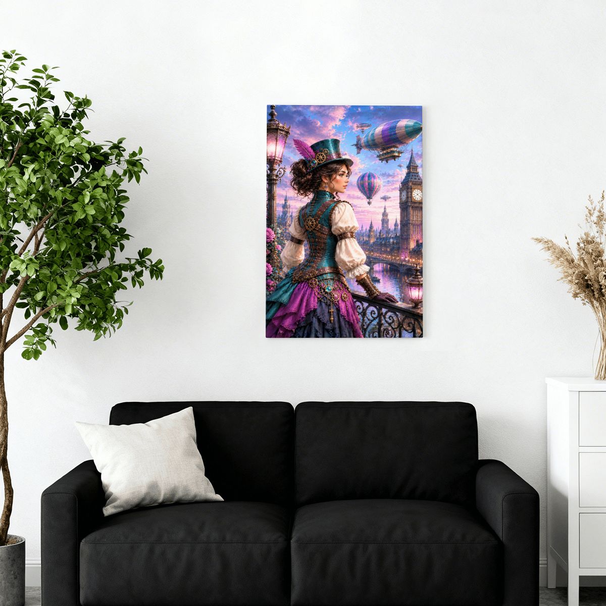 Framed Canvas Painting Steampunk Harbor (Made in USA)