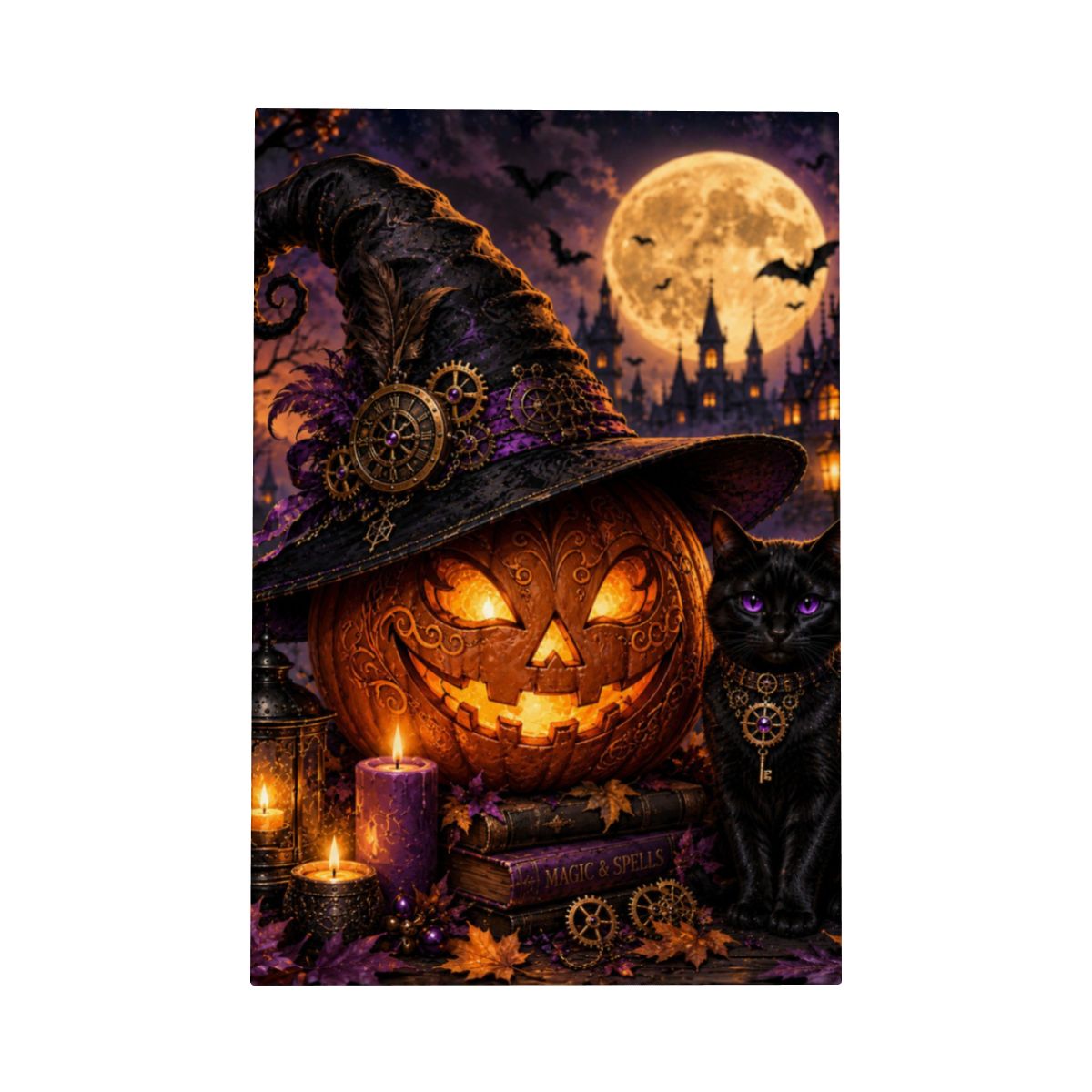 Framed Canvas Painting Halloween Night Pumpkin and Black Cat (Made in USA)