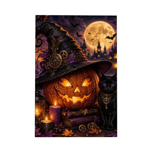 Framed Canvas Painting Halloween Night Pumpkin and Black Cat (Made in USA)