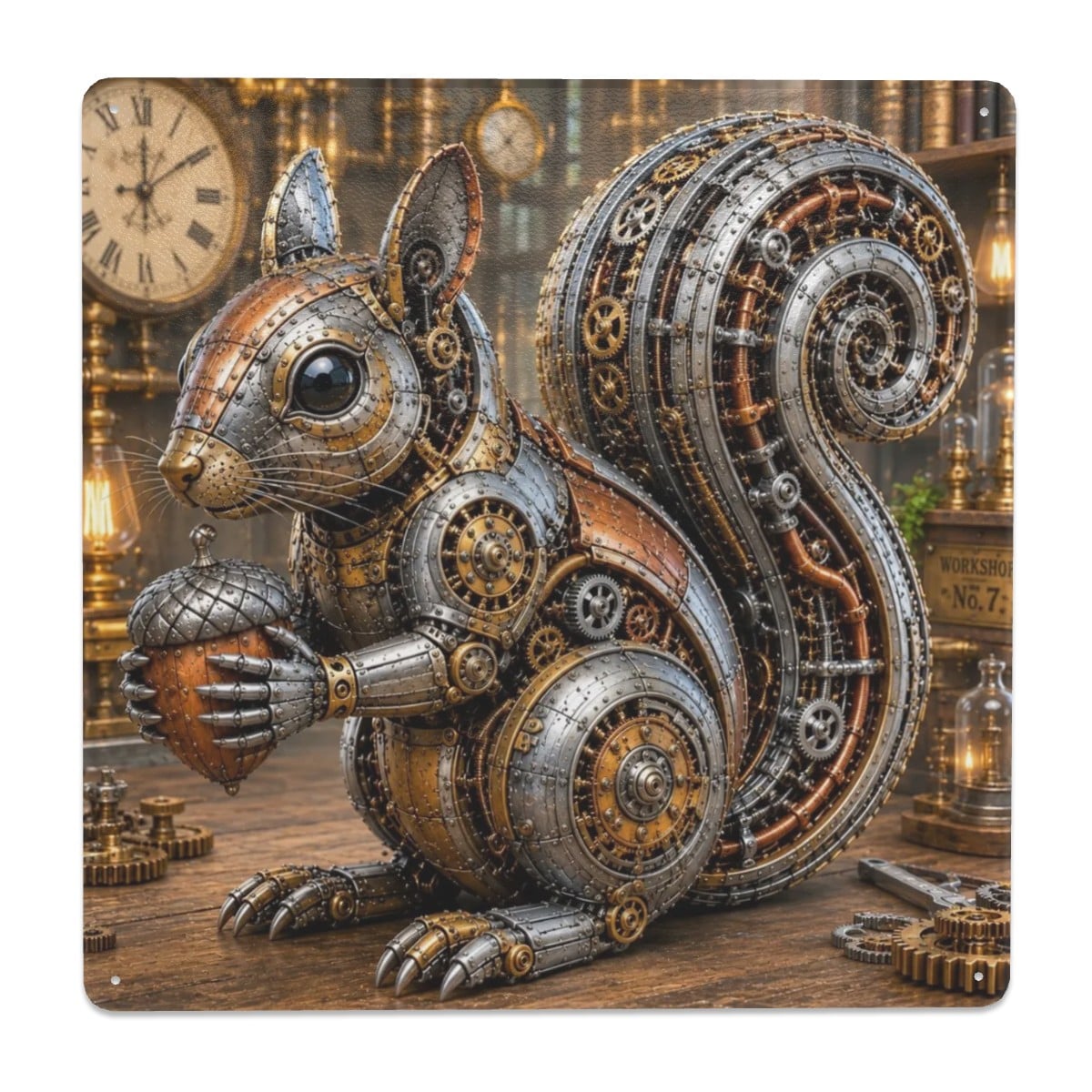 Tin Sign Square Metal Sign Decor Steampunk Squirrel